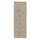 Soft light blue 2.5x10 Oushak runner rug with cream floral medallions, charcoal accents, and a wide cream border.
