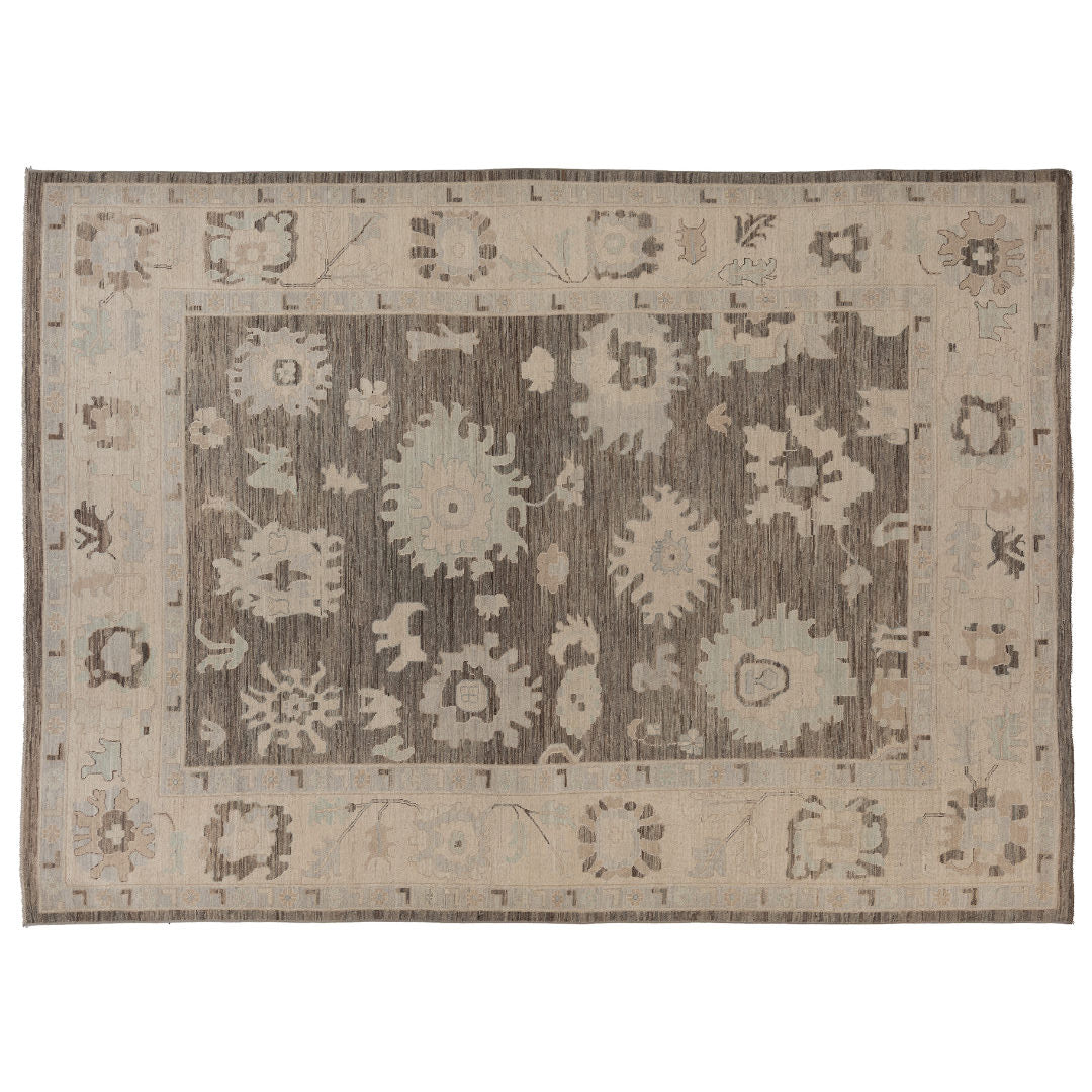 Hand-knotted 10x14 Oushak area rug with a deep brown center field, cream-beige border, and light blue accents.