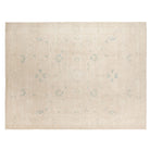 Ultra-faded cream and sand beige 9x12 Oushak area rug with delicate pale blue accent motifs.
