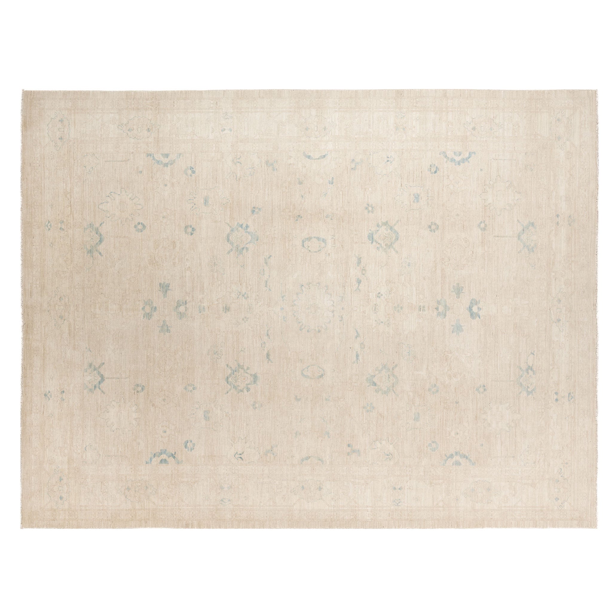 Ultra-faded cream and sand beige 9x12 Oushak area rug with delicate pale blue accent motifs.