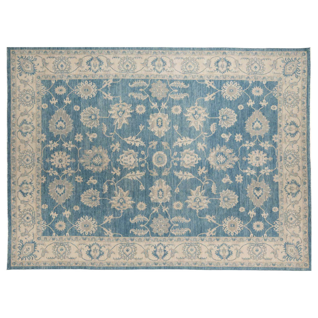 Deep blue 10x14 Oushak area rug with ivory floral palmettes and a wide cream border.