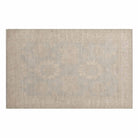 Soft greyish blue 4x6 Oushak area rug with an ultra-muted ivory and beige floral pattern, cream borders, and a distressed low pile finish.
