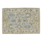Traditional light blue 4x6 Oushak area rug with sage green and beige botanical motifs, diamond guards, and a distressed cream border.