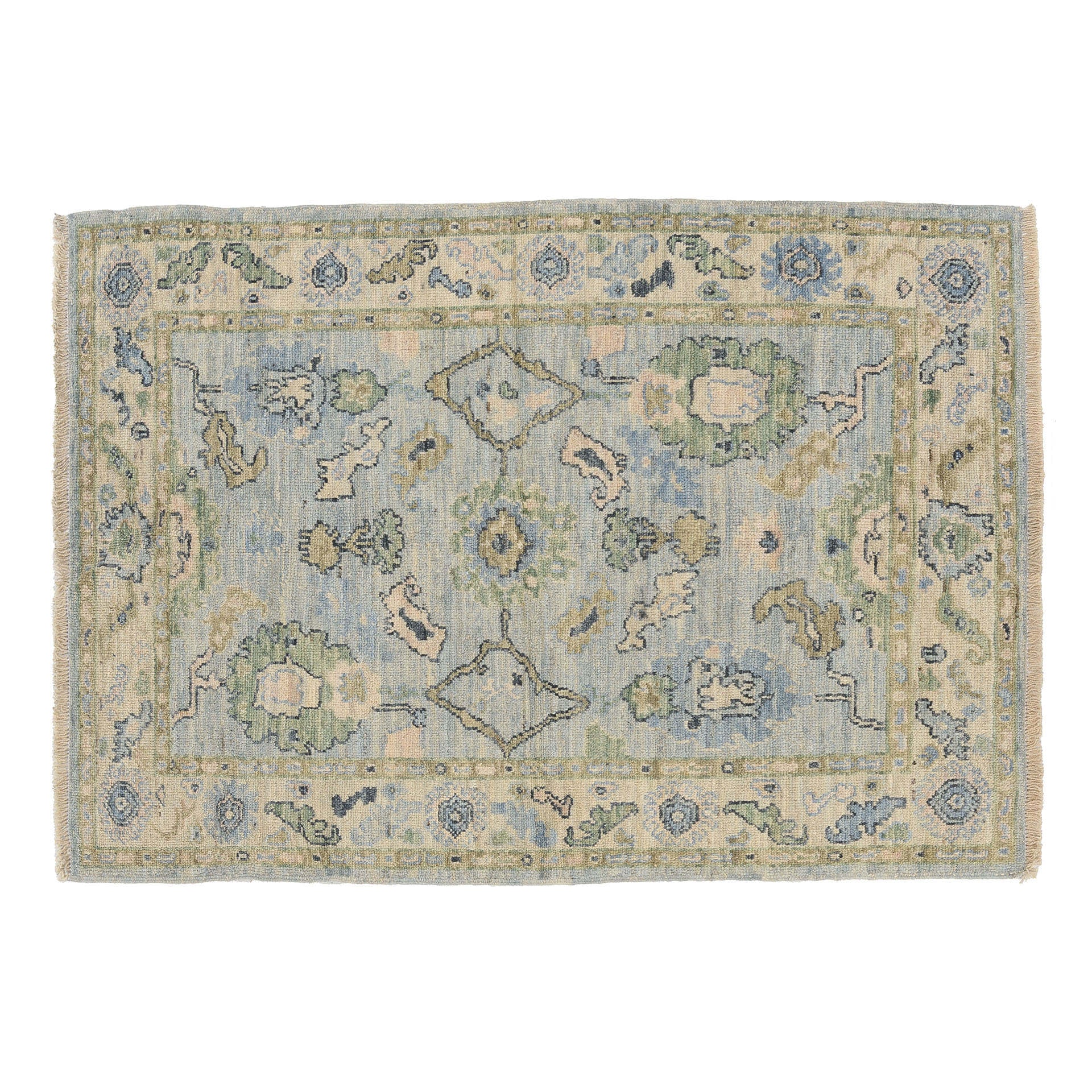 Traditional light blue 4x6 Oushak area rug with sage green and beige botanical motifs, diamond guards, and a distressed cream border.