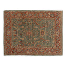 Deep forest green 9x12 Oushak area rug with rust border and camel floral vine scrollwork.