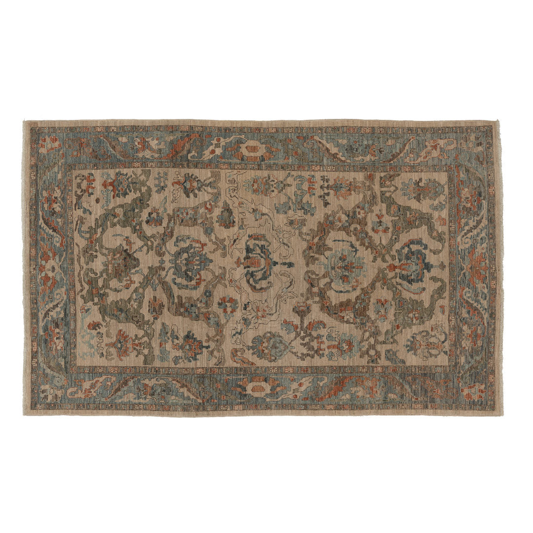 Warm beige 6x9 Sultanabad area rug with terracotta and chocolate brown palmettes framed by a slate blue floral border.