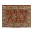 Rich rust 9x12 Oushak area rug with camel border and teal floral vine scrollwork.