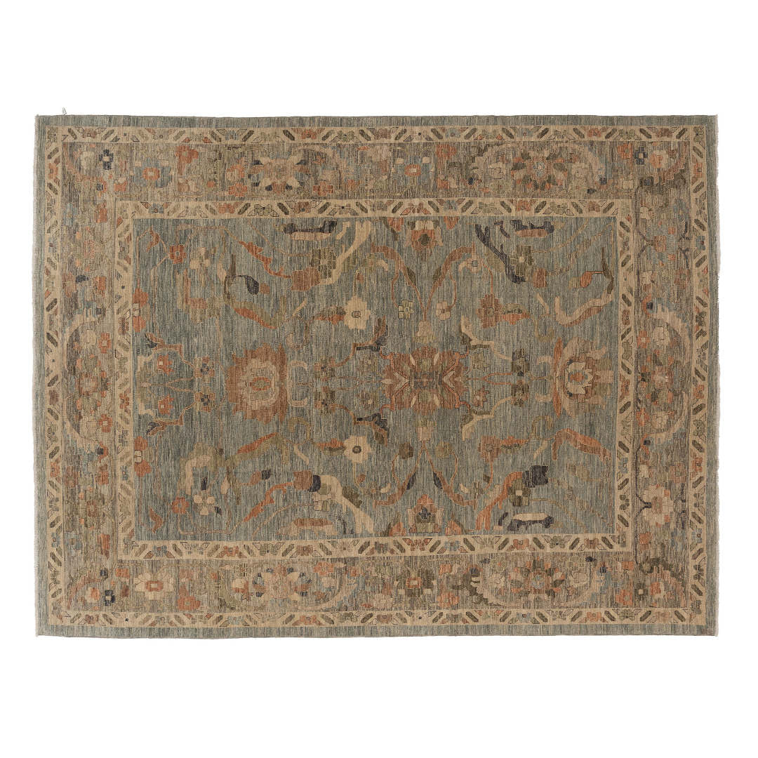 Slate blue 9x12 Sultanabad area rug with large rust-brown floral palmettes and a camel border.