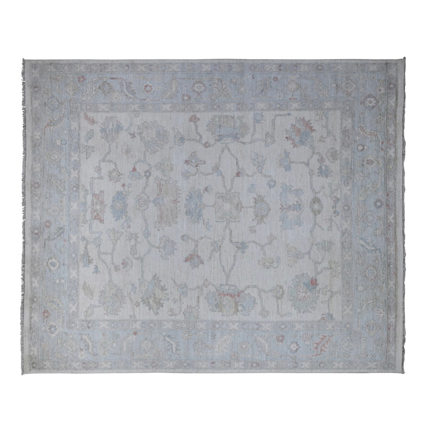 Ultra-faded cream 8x10 Oushak area rug with soft teal blue vine scrollwork and coral pink accents.