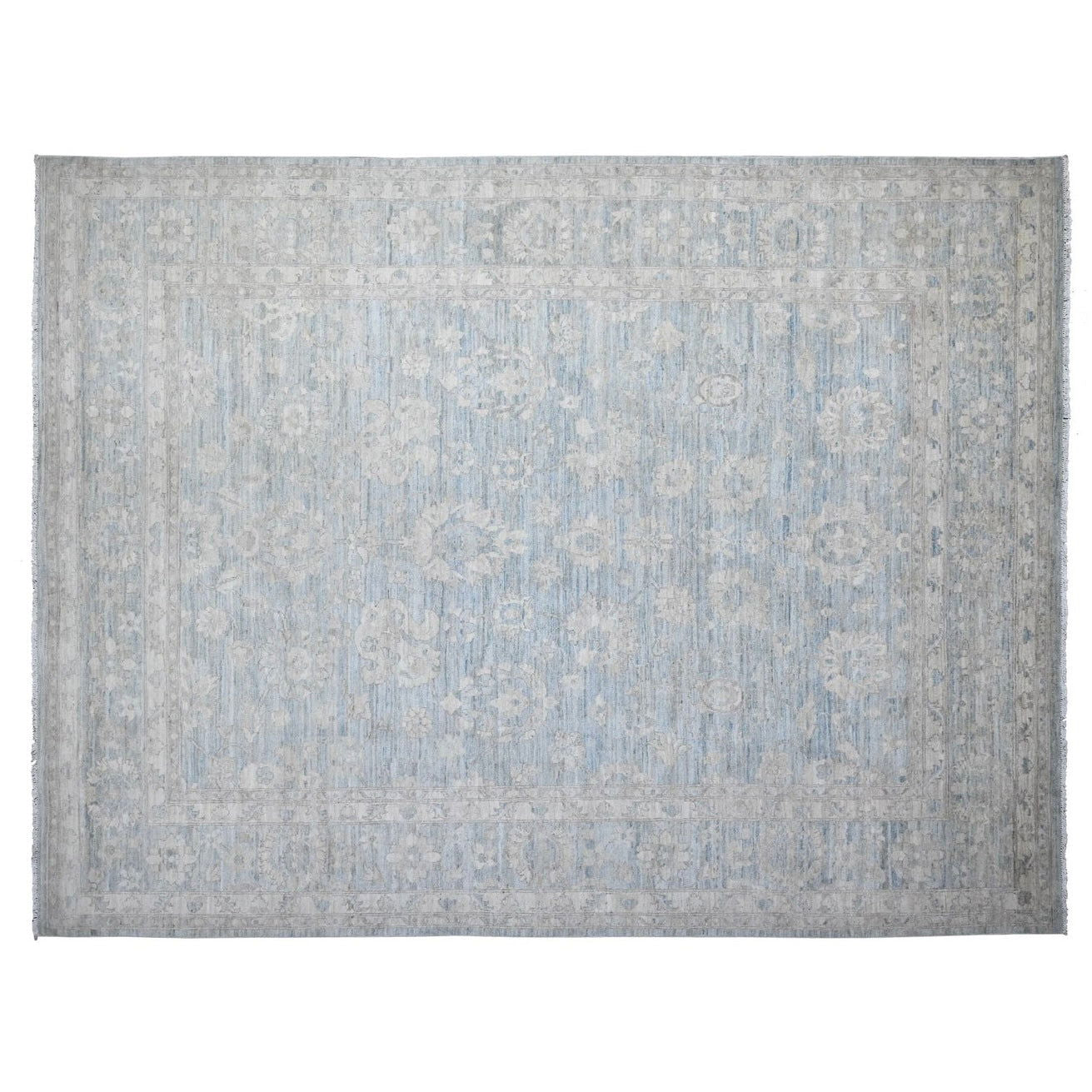 Soft aqua blue 9x12 Oushak area rug with seamist green floral motifs and a wide cream border.