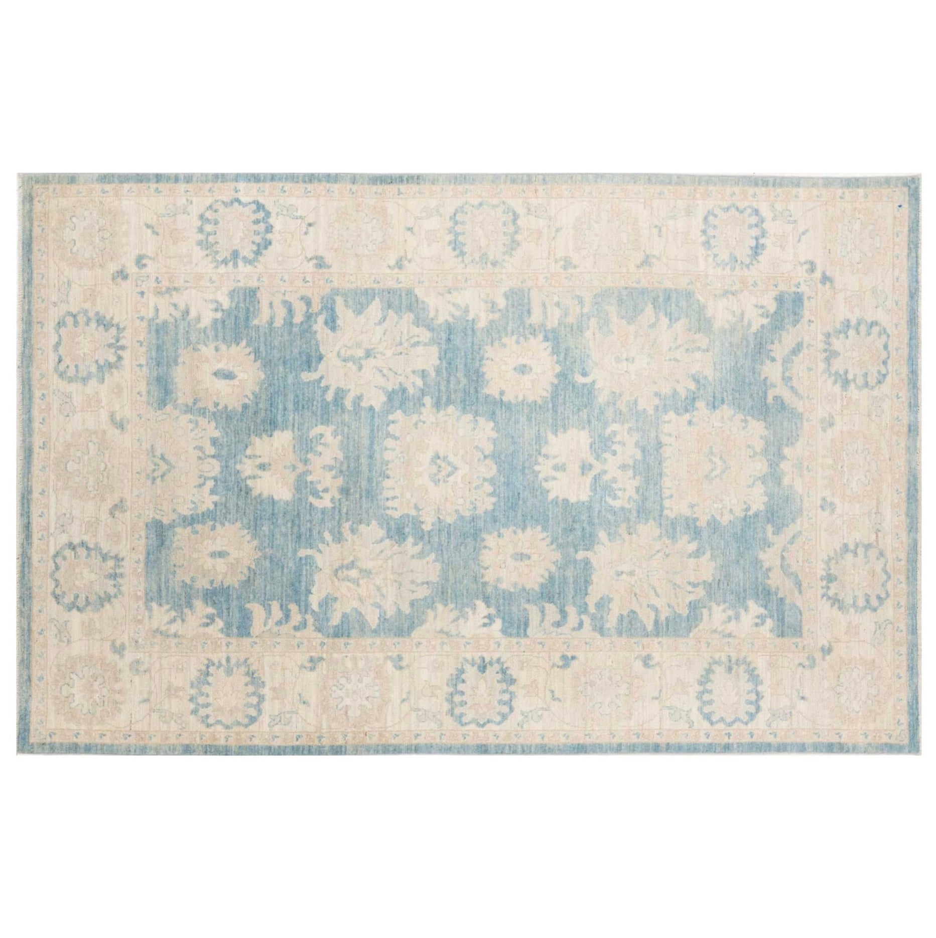 Ultra-faded cream 6x9 Oushak area rug with taupe floral motifs and soft slate blue accents.