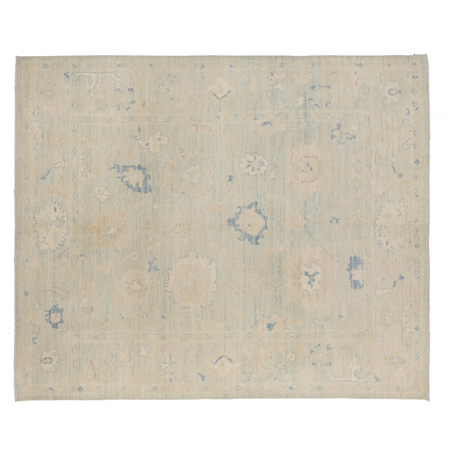 Ultra-faded light blue 8x10 Oushak area rug with cream floral motifs and deep blue accents.