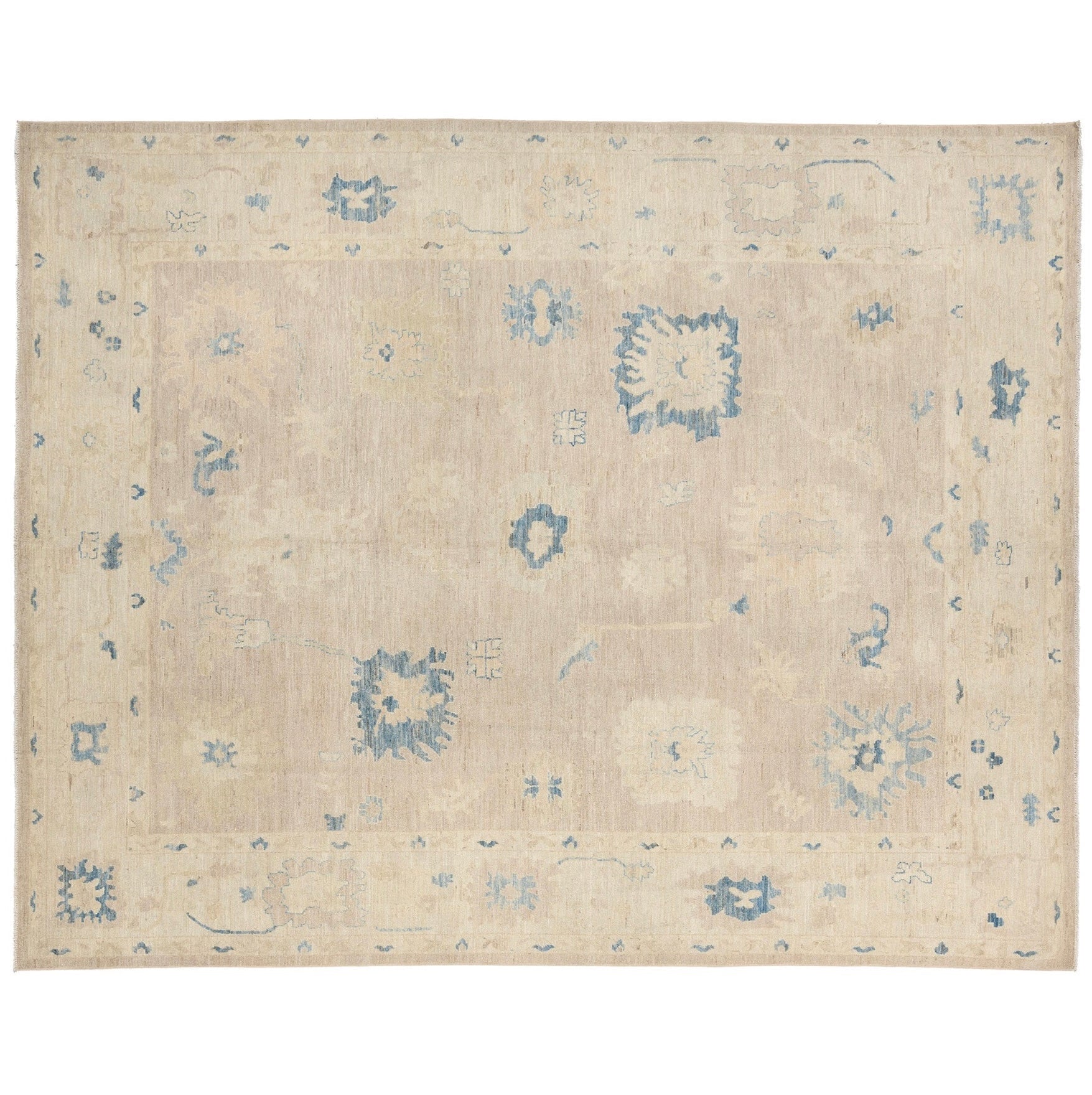 Ultra-faded cream and taupe 9x12 Oushak area rug with aqua blue star medallions and accent motifs.