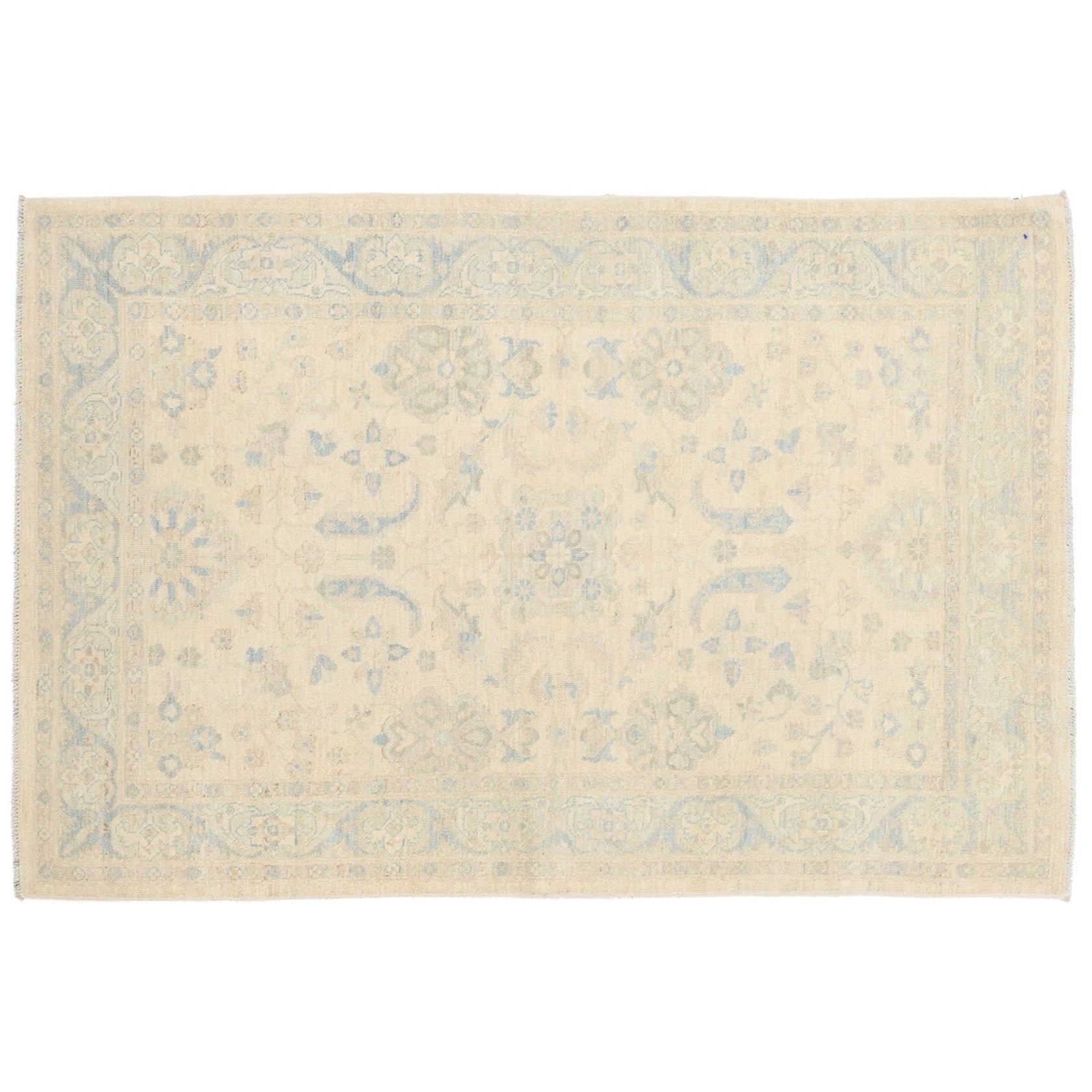 Ultra-faded cream 4x6 Oushak area rug with taupe floral motifs and a soft aqua blue border.