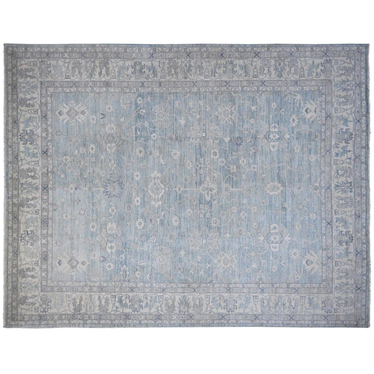 Soft aqua blue 12x15 Oushak area rug with gray floral motifs and a broad light gray border.